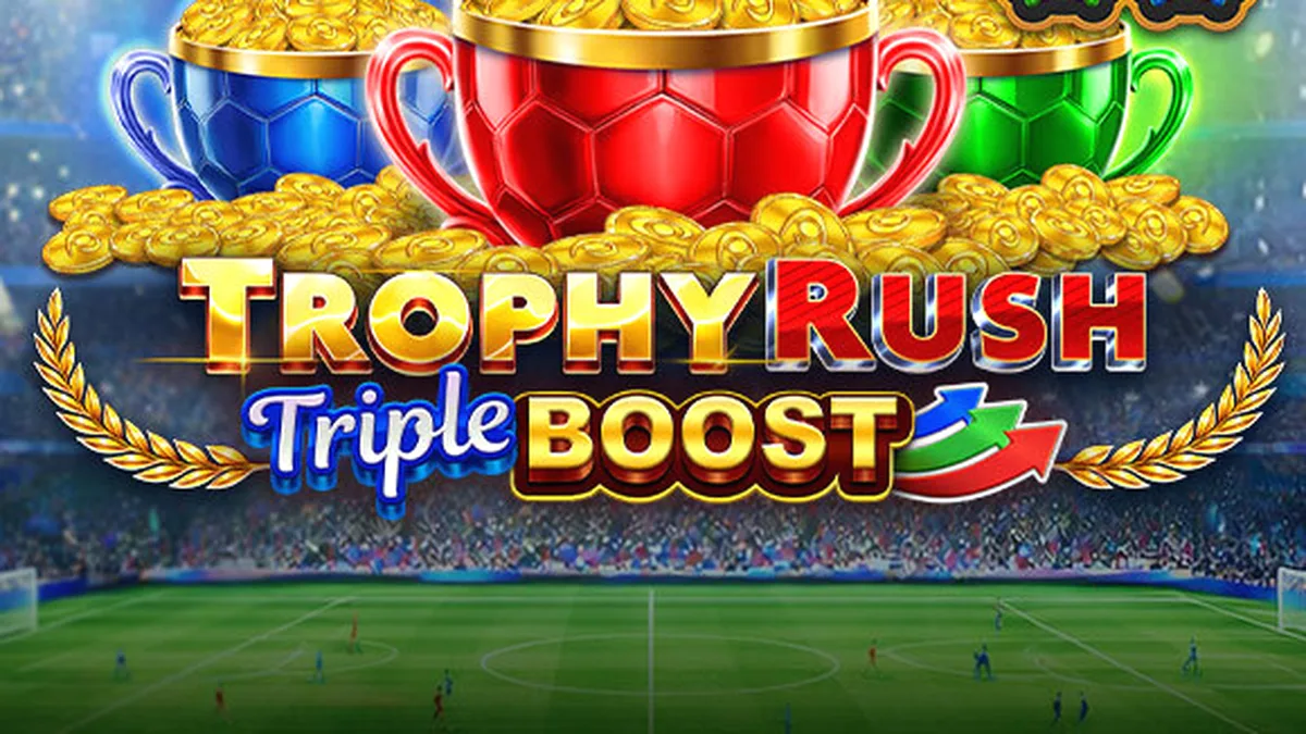 Interface do slot Trophy Rush Triple Boost com moedas douradas e elementos de jackpot